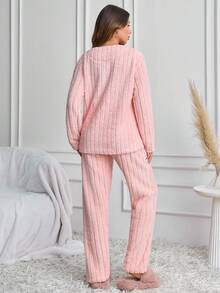 SHEIN Pink Ribbed Fuzzy Plush Cute Cartoon Cloud Embroidery Cozy Winter Homewear Pajama Set - Pink - View 3