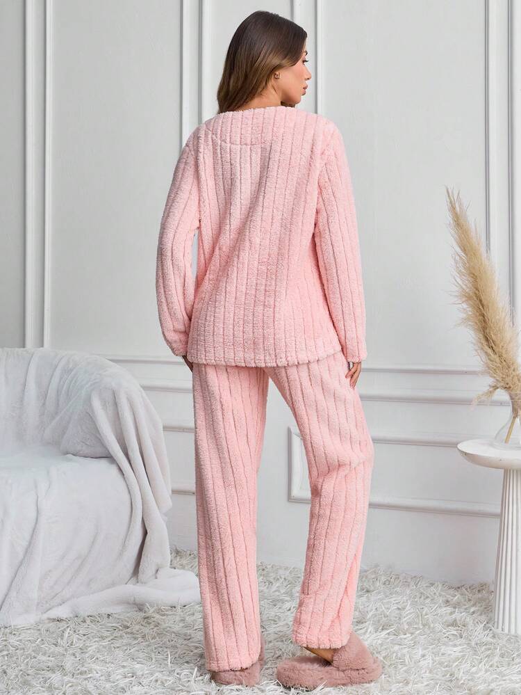 SHEIN Pink Ribbed Fuzzy Plush Cute Cartoon Cloud Embroidery Cozy Winter Homewear Pajama Set - Pink - View 2