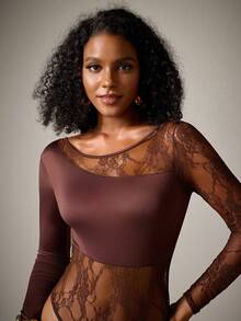 DreamPoppy Women's Sexy Lace Patchwork Long Sleeve Sheer Asymmetrical Neckline Jumpsuit - Coffee Brown - View 7