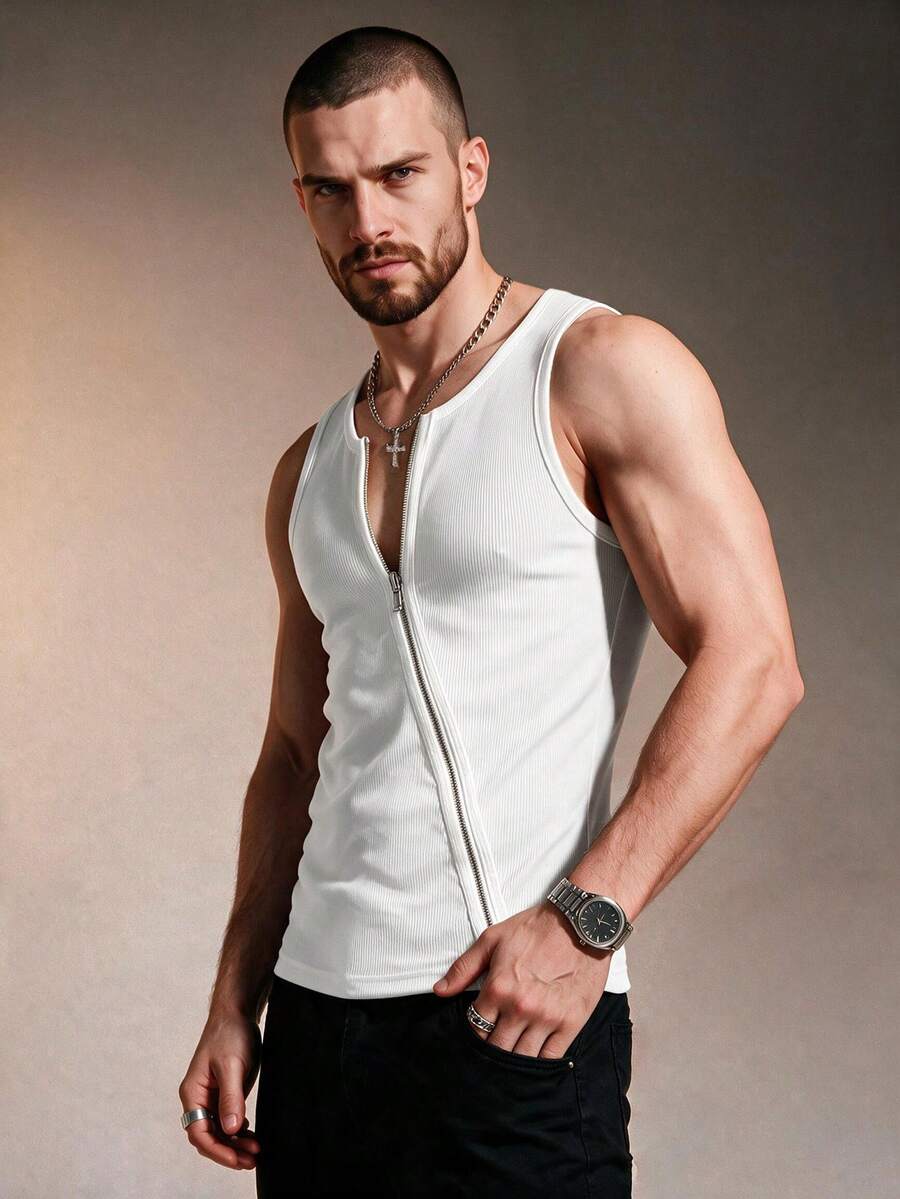 ZURIURI Men's Summer Sleeveless Tank Top - Ribbed Front Zipper Slim Fit, Fitness Training Sports Top