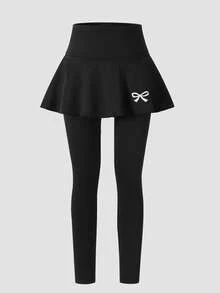 SHEIN 青少年女孩緊身褲，休閒優雅 2 合 1 蝴蝶結圖案裙褲，適合春、秋、夏季穿著，完美搭配外出造型 - 黑色 - 查看 8