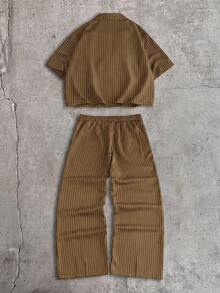 AXEPEAK Men's Summer Casual Striped Shirt And Long Pants Set - Brown - View 7