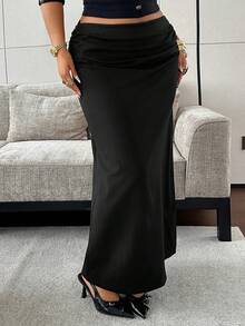 Dazy Plus Spring/Autumn Black Pleated Low Waist Side Slit Extra Long Plus Size Skirt - Black - View 6