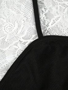 GlowEve CURVE Plus Size Lace Patchwork V-Neck Cinched Waist T-Shirt, Suitable For Dates And Daily Wear, Spring/Summer - Black - View 6