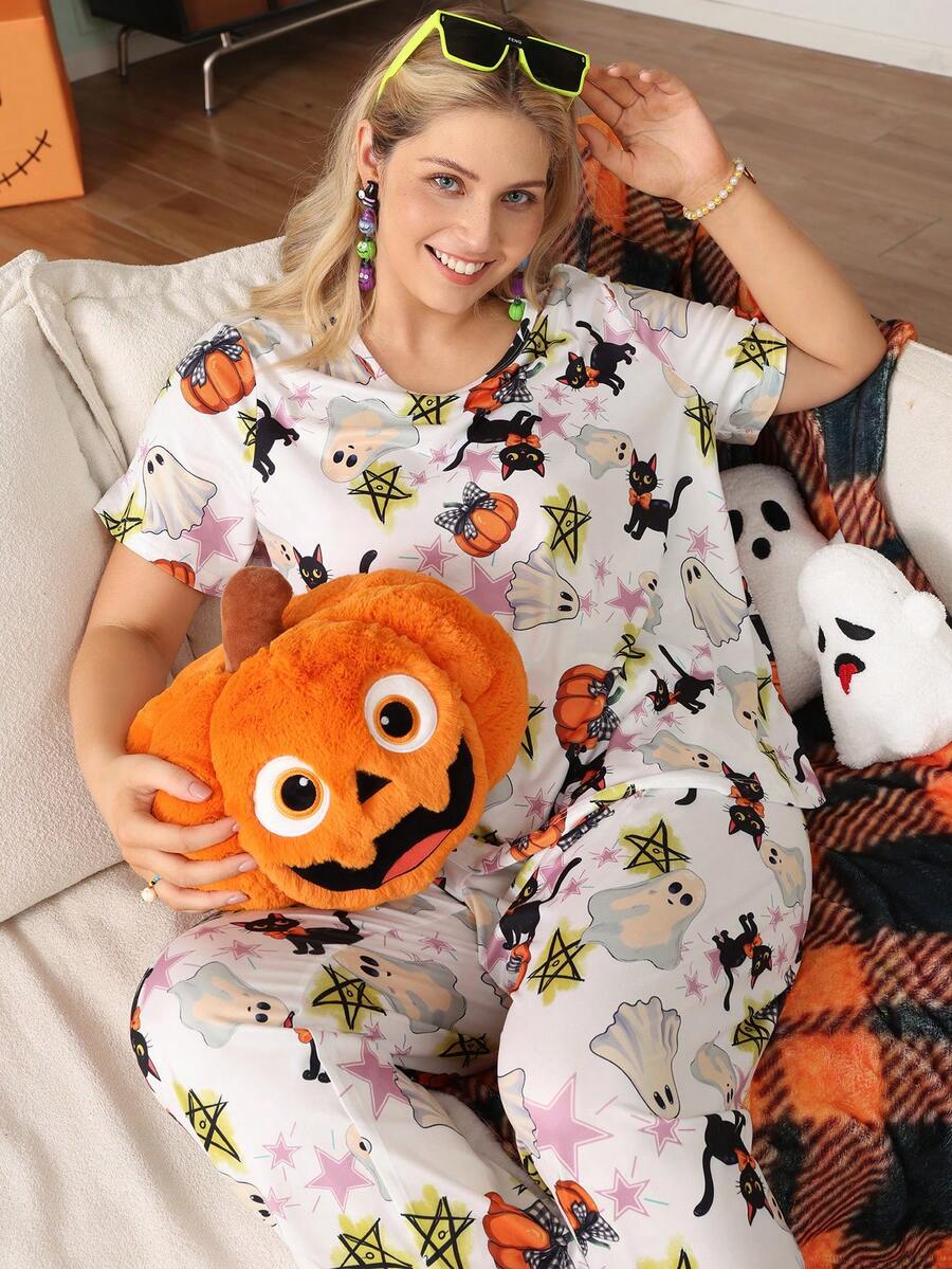 Chillnights Plus Size Women's Halloween Ghost & Pumpkin Print Short Sleeve & Long Pants Pajama Set - Multicolor - View 1