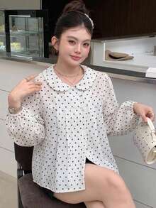 Dazy Plus 彼得潘領格紋休閒韓系學院風短袖大尺碼女款藍色襯衫 春夏秋 - 白色 - 查看 7