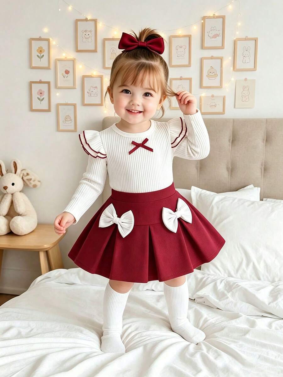 SHEIN Playful Pals Conjunto de niña bebé unisex para bebé y niño pequeño de 0 a 3 años, estilo elegante para primavera/otoño, top de cuello redondo con detalle de lazo y falda roja, ajuste casual adecuado para salidas, ocio y fiestas - Rojo - Ver 1
