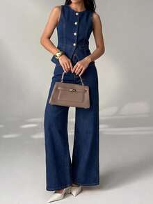 SHEIN PETITE Women's Fashion Button-Up Top And Loose Wide-Leg Jeans Set - Blue - View 6