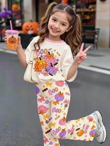萬聖節少女休閒可愛蝴蝶結波點南瓜糖果BOO奶油色短袖長褲兩件套，適合夏季派對造型與秋季穿搭，日系可愛風 - 彩色 - 查看 1