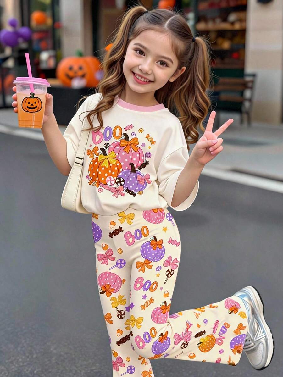 萬聖節少女休閒可愛蝴蝶結波點南瓜糖果BOO奶油色短袖長褲兩件套,適合夏季派對造型與秋季穿搭,日系可愛風 - 彩色 - 查看 1