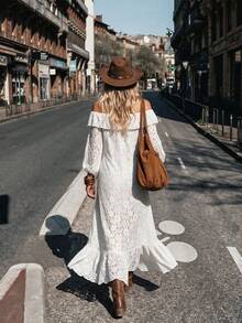 LanaWest Women's Elegant Solid Color Lace Off Shoulder Ruffle Hem High-Low Dress - White - View 3