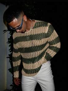 STEELVANCE Sweater Lengan Panjang Bergaris Berongga untuk Pria, Gaya Streetwear, untuk Liburan - Hijau Tentara - View 1