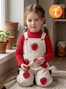 Vintaside Kids 2件組女嬰春秋新款純色羅紋白色假領紅色長袖T恤，燈芯絨杏色吊帶褲配3D手工鉤編草莓裝飾，可愛百搭日常通勤度假甜美女孩套裝 - 紅色 - 查看 1