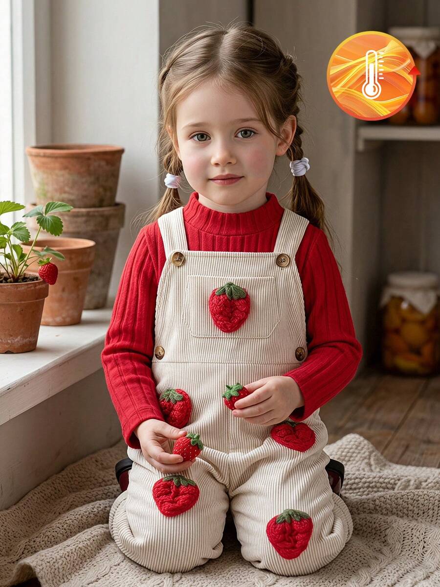 Vintaside Kids 2件組女嬰春秋新款純色羅紋白色假領紅色長袖T恤,燈芯絨杏色吊帶褲配3D手工鉤編草莓裝飾,可愛百搭日常通勤度假甜美女孩套裝 - 紅色 - 查看 1