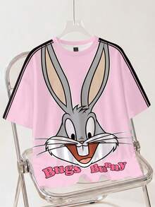 LOONEY TUNES X SHEIN 女款時尚卡通印花圓領短袖T恤 - 白色 - 查看 1