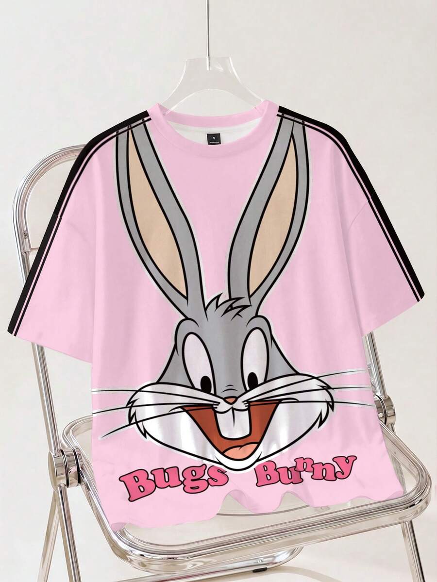 LOONEY TUNES X SHEIN 女款時尚卡通印花圓領短袖T恤 - 白色 - 查看 1