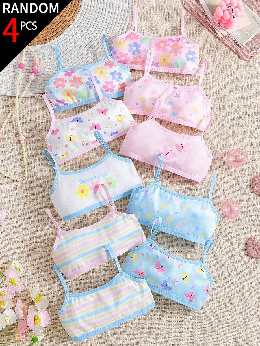 隨機混搭 10 款中 4 件,4 件組女童幼兒內褲,卡通花卉印花組合系列,附蝴蝶結、草莓、愛心等可愛元素,粉色、淺藍色與白色色調,柔軟光滑觸感,針織布料製成,高彈性內褲套裝,適合四季穿著 - 彩色 - 查看 1