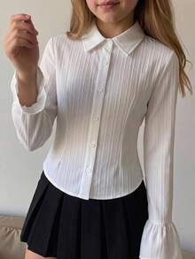 Firerie Kids Firerie Kids 少女女孩提花白色長袖襯衫，早秋白色上衣：蝴蝶結彼得潘領，學院風 - 白色 - 查看 2