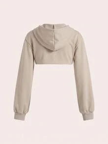 SHEIN EZwear 杏色女款落肩拉鍊抽繩短版運動衫，不含內搭背心，秋冬款 - 杏色 - 查看 2