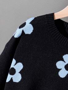 SHEIN 少女花卉圖案圓領長袖休閒毛衣 - 黑色 - 查看 5