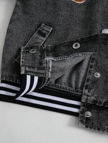 男童街頭休閒學院風數位熊刺繡拼接絎縫連帽淺藍色牛仔夾克，時尚街頭風，適合春秋穿著 - 黑色 - 查看 6