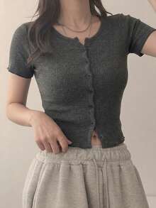 DAZY Women's Fitted Cropped Long Sleeve Ribbed T-Shirt Summer - Grey - View 2