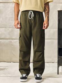 Norleigh Men's Solid Color Drawstring Waist Cargo Pocket Pleated Pants Men Army Green Plain Fabric Straight Leg Long Casual Amekaji Style With Pockets - Army Green - View 6