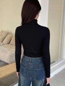 DAZY Women's Solid Color High Neck Fitted Long Sleeve Pullover Sweater - Black - View 3