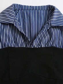 Sweetra Sweet Elegant Slim Fit Patchwork Striped Shirt With Contrast Color Lapel Design, Early Autumn Long Sleeve Casual Versatile Blouse For Women - Multicolor - View 5