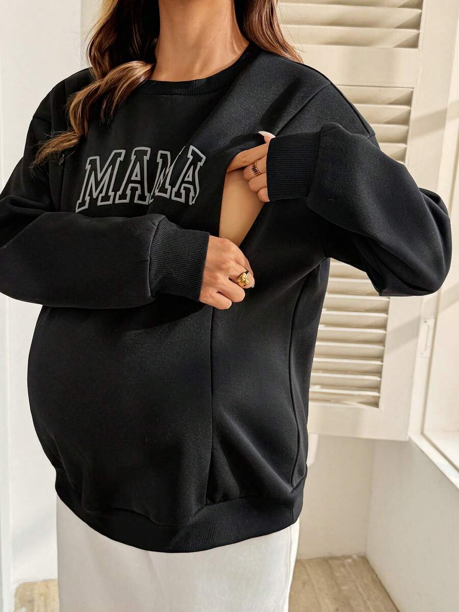 SHEIN Maternity Letter Print Nursing Casual Everyday Top Fall - Black - View 1