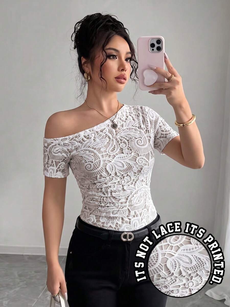 Selianne Summer Elegant Faux Lace Print Asymmetric Collar T-Shirt - Apricot - View 1