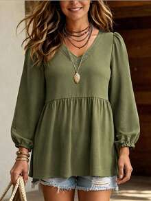 LanaWest Women's Army Green V-Neck Lace Trim Petal Sleeve Ruched Waist A-Line Casual Blouse - Army Green - View 8