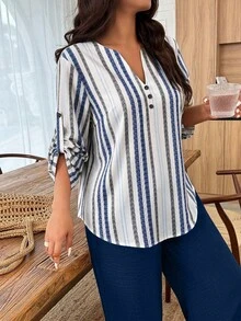 Elouméa 女款大尺碼秋冬兩件套復古直條紋V領上衣搭配純色寬腿褲，寬鬆休閒，適合早午餐與度假，海軍藍 - 彩色 - 查看 6