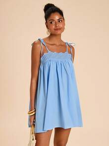 Travachic Lace Trim Patchwork Blue Doll Dress, Dress,Dresses For Women Summer - Blue - View 3