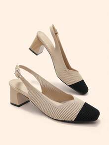 CUCCOO BASICS Women's Shoes With Knitted Back Strap, Adjustable Buckle, Thick Heel, Color Blocked Toe, Versatile Commuting And Dating Style, Single Shoe - Black apricot color matching - View 5