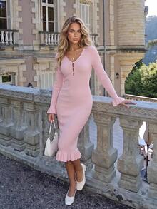 KARISMINA Light Pink Ribbed Knit Midi Dress, V-Neck Keyhole Cutout Ruffle Trim For Brunch Tea Party Date Vacation Wedding Guest, Elegant Romantic Long Autumn - Pink - View 2