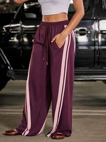 Hauture Women's Sexy Casual Striped Patchwork Wide Leg Loose Fit Sweatshirt Pants - Red - View 5