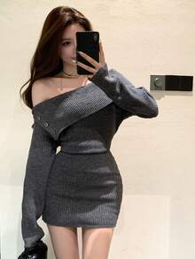 Dazy Tall Women's Off-Shoulder Off-Shoulder Long Sleeve Elegant Short Sweater Dress - Dark Grey - View 3