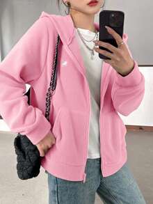 SHEIN 青少年女孩粉色可翻面抓絨刺繡馬匹休閒寬鬆冬季夾克，簡約學院風休閒夾克 - 粉色 - 查看 3