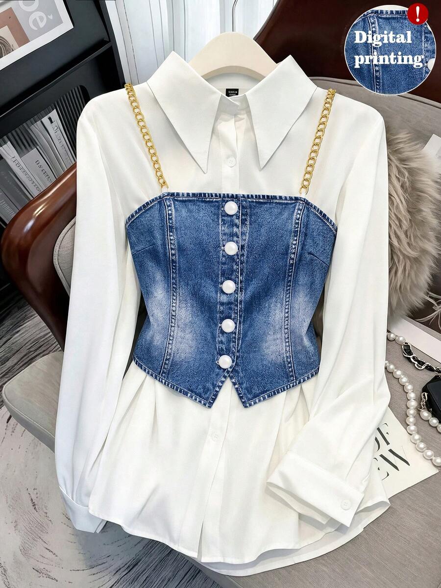 GlowEve CURVE Spring/Autumn New Commuter Casual Elegant Versatile Multi-Occasion Outfit Faux Denim Digital Print Chain Strap Tank Top And Shirt 2-Piece Set - Blue and White - View 1