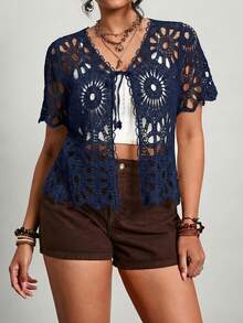 Easowa Curve Plus-Sized Women'S Summer Apricot-Colored Cut-Out Woolen Cardigan With Short Sleeves And Straps - Navy Blue - View 6