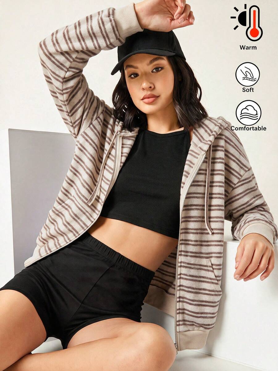 SHEIN BASICS 女款休閒條紋連帽衛衣,秋季 - 彩色 - 查看 1