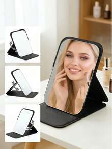 1‑Pack Foldable PU Makeup Mirror, Mini Portable Handheld Travel Mirror, Leather Pocket Mirror, Large High‑Definition Desktop Mirror, Princess‑Style Mirror For Student Dorm, Beauty Accessory, Travel Essential Makeup Tool, Ideal Gift For Women - Black - View 4