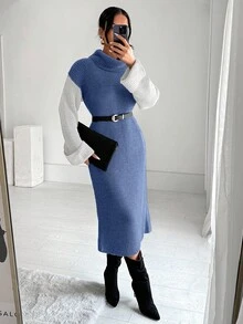 EURMUSE 女士休闲撞色落肩长袖针织毛衣裙，秋冬 - 藏蓝色 - 查看 4