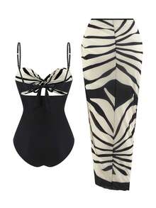 Swim SXY Summer New Women's 2 Pieces Beach Set, One-Piece Top With Gradient Braided Rope Spaghetti Strap And Side Tie Beach Skirt, 3-Piece Bikini Set - Black - View 4