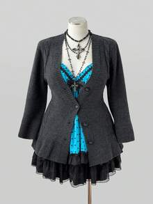 Sunspun Desain Busana Musim Gugur/Dingin: Sweater Kardigan Abu-abu Gelap dengan Lengan Mengembang dan Hiasan Rumbai - Grey - View 4