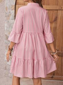 GentleRue Maternity Women's Stand Collar Striped Shirt Dress With Three-Quarter Sleeves For Maternity Fall - Pink - View 2