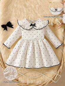 SHEIN Newborn Baby Girls A-Line Dress Sweet Elegant Beige Black Polka Dot Bow Ruffle Long Sleeve Ruffled Collar Birthday Party Fall Cozy Ballet Ribbed Knit - Apricot - View 3