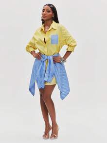 NYA SZN Dress Mini Wrap Button Up Tie Detail Two Tone - Multicolor - View 4