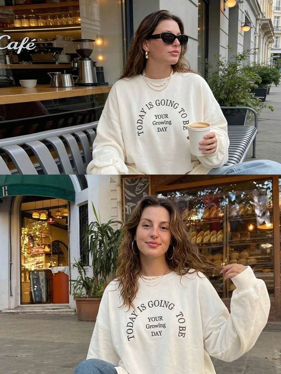 Dazy Plus Letter Embroidery Casual Plus Size Thermal Lined Thick Loose Long Sleeve White Girls Sweatshirt Fall - White - View 1